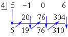 This is an array of numbers.  The top row is the same as the “equation” above.  So, the numbers in the top row are 4   5   -1   0   6.  The 4 has a small vertical line to the right and small vertical line under it.  The middle row of numbers is “blank”   “blank”  20  76   304 and the bottom row is “blank”  5  19  76  310. There is a horizontal line separating the middle and bottom row of numbers.  There are also a series of arrows on the array of numbers.  There is an arrow pointing from the 5 in the top row to the 5 that is directly under it in the bottom row.  The rest of the arrows all point between two numbers in the middle and bottom rows.  Starting from the left and working right the arrows are From the 5 in the bottom row pointing diagonally to the 20 in the middle row. From the 20 in the middle row pointing directly down to the 19 below it. From the 19 in the bottom row pointing diagonally to the 76 in the middle row. From the 76 in the middle row pointing directly down to the 76 below it. From the 76 in the bottom row pointing diagonally to the 304 in the middle row. From the 304 in the middle row pointing directly down to the 310 below it. 
