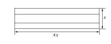 This is a sketch of rectangle.  The horizontal width is labeled as 4x and the vertical height is labeled as x.  There are also two horizontal lines at approximately 1/3 and 2/3 of the way up from the bottom representing shelves.