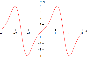 This is the graph of $R\left( z \right)=\sin \left( 2z \right){{\mathbf{e}}^{1-\cos \left( 2z \right)}}$ on the domain -3<x<3.  It looks almost like the graph of a sine function.  There are a couple of extra “wiggles” in the graph and it isn’t as “rounded” as sine at the peaks/valleys but it is close enough to get an idea of what this graph looks like.  The important thing to know is that for each area above the x-axis there is an identical area below the x-axis making it clear why we got the answer that we did.