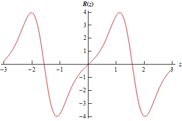 This is the graph of $R\left( z \right)=\sin \left( 2z \right){{\mathbf{e}}^{1-\cos \left( 2z \right)}}$ on the domain -3<x<3.  It looks almost like the graph of a sine function.  There are a couple of extra “wiggles” in the graph and it isn’t as “rounded” as sine at the peaks/valleys but it is close enough to get an idea of what this graph looks like.  The important thing to know is that for each area above the x-axis there is an identical area below the x-axis making it clear why we got the answer that we did.