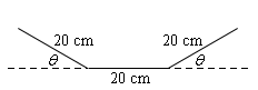 The base of the trough is shown and labeled “20 cm”.  There is also a dashed line that extends out from the right and left side of the base of the trough.  The two sides are shown and labeled “20 cm”.  The angle that the each side makes with the dashed line underneath is given as $\theta$.