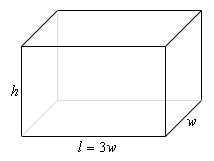 A sketch of a box.  The height is labeled as “h”, the width (or depth) is labeled as “w” and the length is labeled as “l = 3w”.