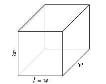 A sketch of a box.  The height is labeled as “h”, the width (or depth) is labeled as “w” and the length is labeled as “l = w”.