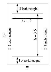 This is a rectangle with another rectangle sketched inside it.  The inner rectangle represents the area that will actually be printed.  The height of the outer rectangle is labeled “h” and the width of outer rectangle is labeled “w”.  The distance between the right/left sides of the outer rectangle and inner rectangle are labeled “1 inch margin”.  The distance between the tops of the two rectangles is labeled “2 inch margin”.  The distance between the bottoms of the two rectangles is labeled “1.5 inch margin”.   The height of the inner rectangle is labeled “h-3.5” and the width of the inner rectangle is labeled “w-2”.