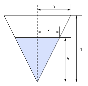 There are two triangles in this figure.  The larger represents the tank as if viewed from the front with the base of the triangle at the top and horizontal to the ground.  The radius of the tank is marked as half the base width of the larger triangle and the height of the larger tank is marked as the height of the triangle.  
              
              The smaller triangle is inside the lower portion of the larger triangle and represents the water in the tank.  The height of this triangle and hence the water is marked as “h” and half the base of the this triangle is marked as “r” which represents the radius of the tank at the top of the water.