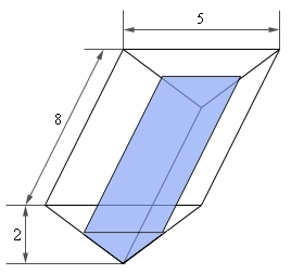 A sketch of the trough.  It is 8 meters long, the triangular ends are 5 meters across the top and 2 meters deep, and the water in the trough is shaded in and fills the bottom part of the trough up to an unkown depth.