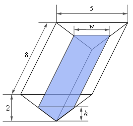 This is a sketch of the tank.  In the front there two triangles.  The larger represents the tank whose height is shown at 2.  The smaller represents the water in the tank and its height is shown as “h”.  In the back of the tank there are two similar triangles.  The width of the larger (i.e. the tank) is shown as 5 and the width of the smaller (i.e. the water in the tank) is shown as “w”.  The depth of the tank is shown as 8.