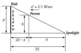 There are two triangles in this figure.  The smaller triangle fits inside the larger triangle with the base/hypotenuse of the smaller triangle on the base/hypotenuse of the larger triangle.  The height of the smaller triangle represents the person and is marked as “5.5”.  There is also an arrow here pointing left and marked \({{x}'\) = 2.5 ft/sec showing the direction of motion away from the spotlight.  The base of the smaller triangle represents the distance of the person from the spotlight and is labeled x.  The height of the larger triangle represents the shadow the person casts on the wall and is labeled y.  The base of the larger triangle represents the distance from the wall to the person, labeled  \(20-x\), and the distance of the person from the spotlight, again labeled x$.  The total length of the base of the larger triangle is  marked as 20.