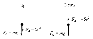 Two force diagrams side by side.  The one on the left is labeled Up and shows the object with the force of gravity \({F_G} = mg\) pointing down and the air resistance \({F_A} = 5{v^2}\) also pointing down.  The one on the right is labeled Down and shows the object with the force of gravity \({F_G} = mg\) pointing down and the air resistance \({F_A} = - 5{v^2}\) pointing up.