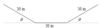 The base of the trough is shown and labeled “30 in”.  There is also a lighter gray shaded line that extends out from the right and left side of the base of the trough.  The two sides are shown and also labeled “30 in”.  The angle that each side makes with the gray line underneath is given as $\theta$.